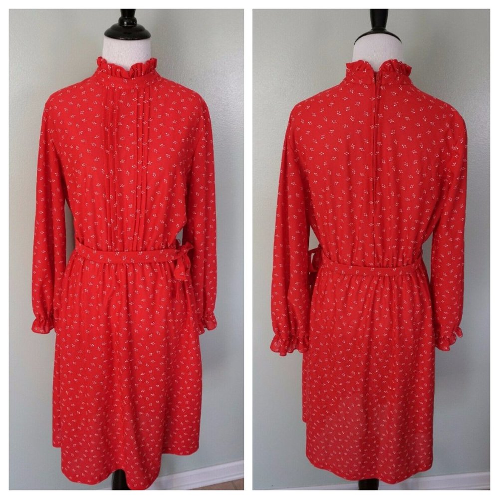 Vintage Red White Floral Elastic Waist Dress